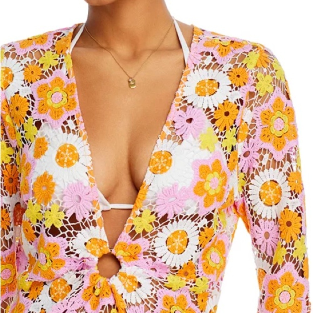 Ramy Brook Pink & Yellow Floral Crochet Swim Coverup - Picture 3 of 8